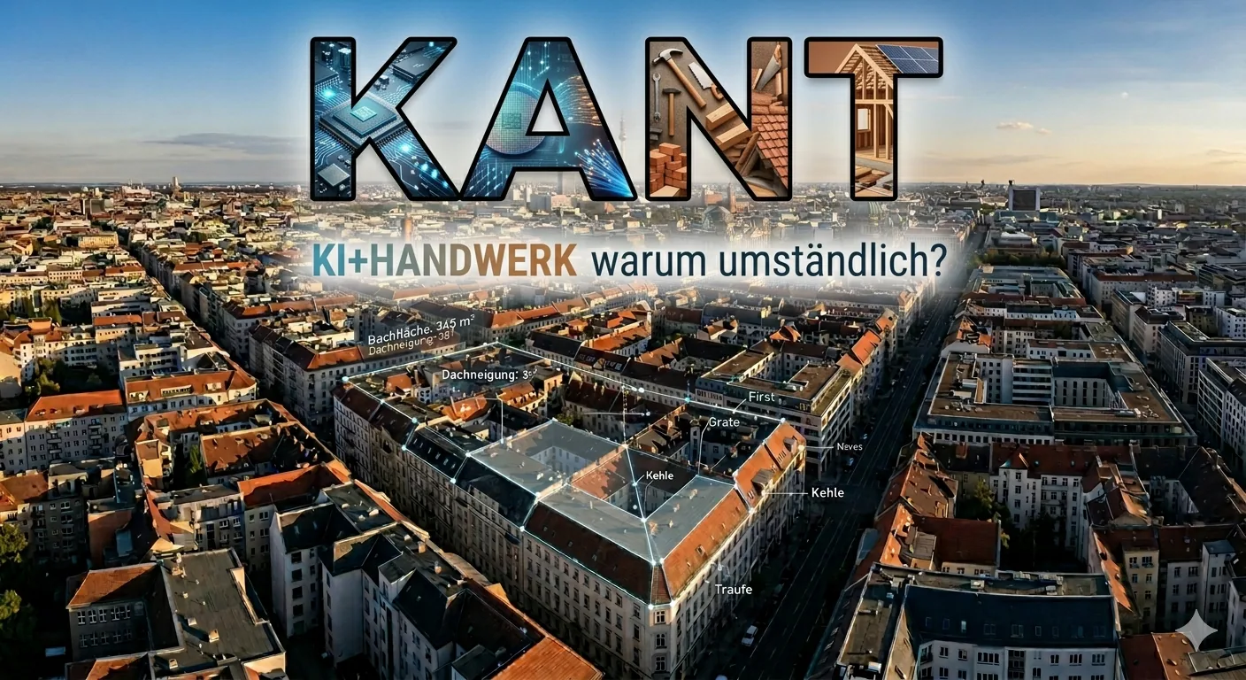 KANT — KI + Handwerk, warum umständlich? Golden-hour-Luftbild der Berliner Altbaudächer mit Aufmaß-Annotationen: Dachfläche 340 m², Dachneigung, First, Grat, Kehle, Traufe.